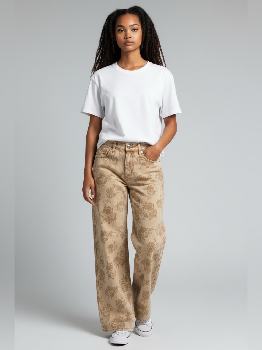 Floral-Embossed Wide-Leg Jeans in Tan